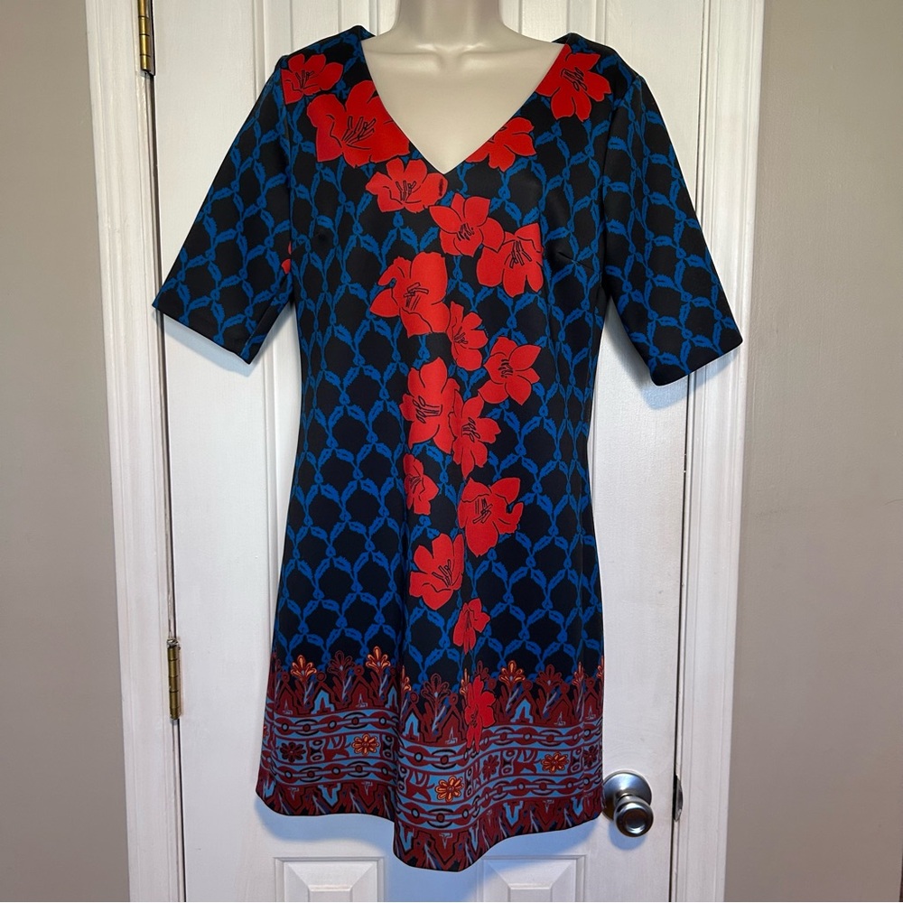 Anthropologie Plenty By Tracy Reese Red Black Blue Floral Scuba Dress | Size 8